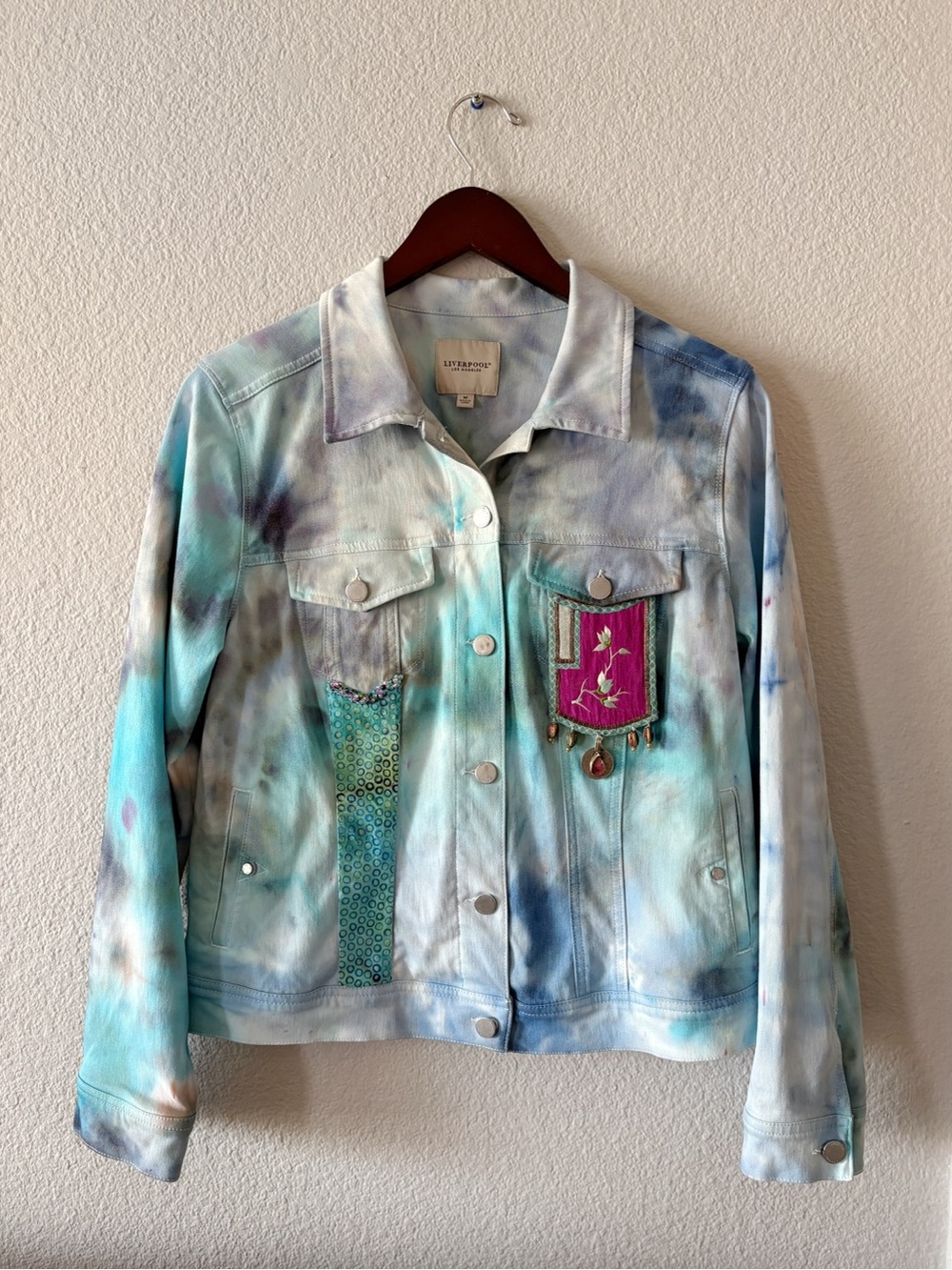 One-of-a-Kind Tie-Dye Embellished Denim Jacket - Blue/Teal/Purple